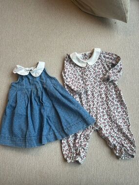 Vintage Baby Gap Blue Dot Dress & Floral Romper Set with Peter Pan Collars